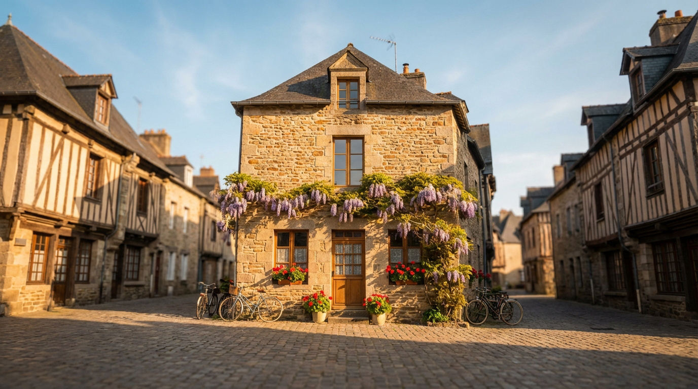 Charmante maison en pierre ornée de glycine violette et de fleurs rouges, située dans une rue pavée bordée de vieilles bâtisses. Deux vélos sont posés devant la façade ensoleillée.