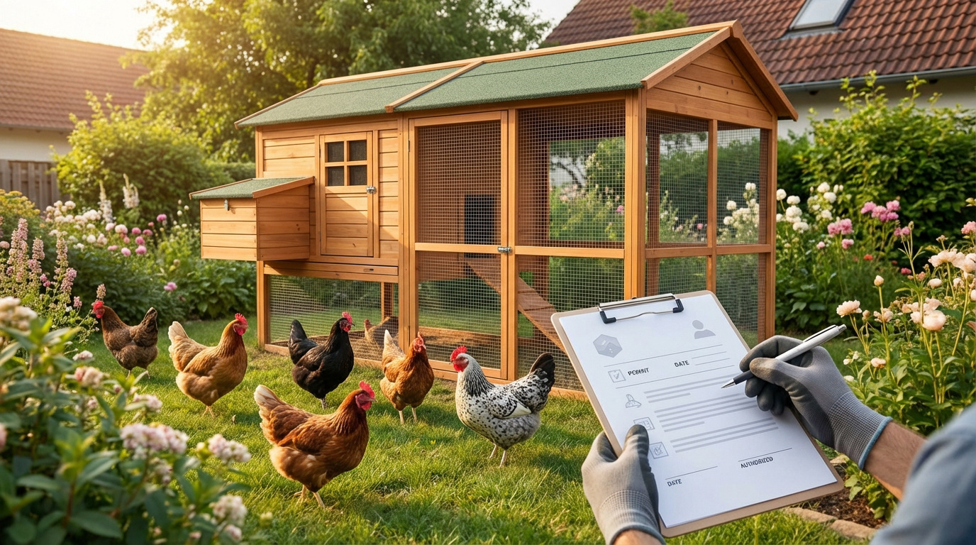 Un homme ganté remplit un formulaire devant un poulailler en bois neuf avec plusieurs poules dans un jardin fleuri.