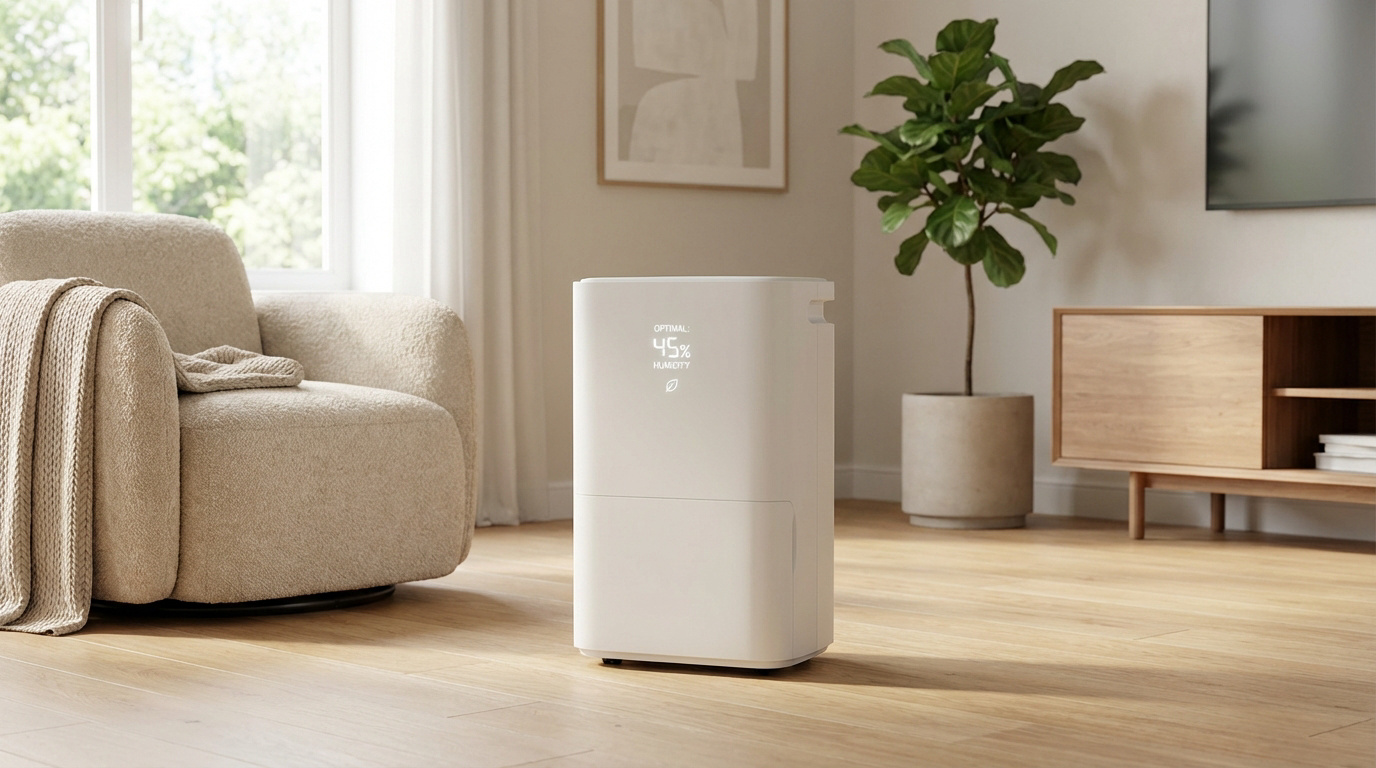 Déshumidificateur blanc moderne affichant "45% HUMIDITY" dans un salon lumineux avec fauteuil, plante et mobilier en bois.