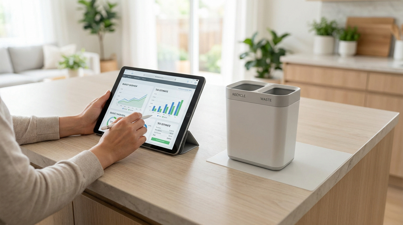 Une personne consulte des graphiques de budget et de taxe sur tablette, à côté d'une poubelle de tri sélectif.
