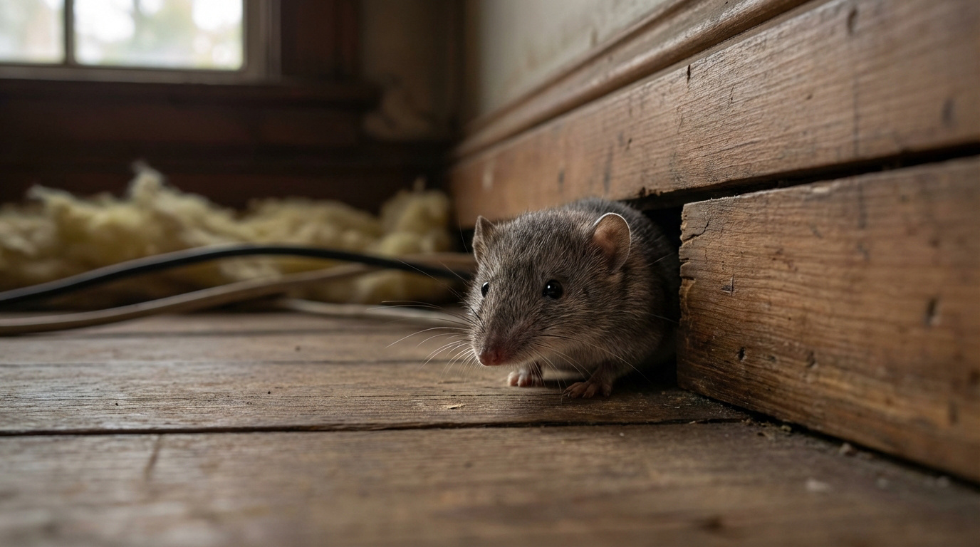 Un petit rongeur gris-brun sort d'une fente sombre dans un mur en bois, sur un plancher rustique. Fenêtre et isolation floues à l'arrière.