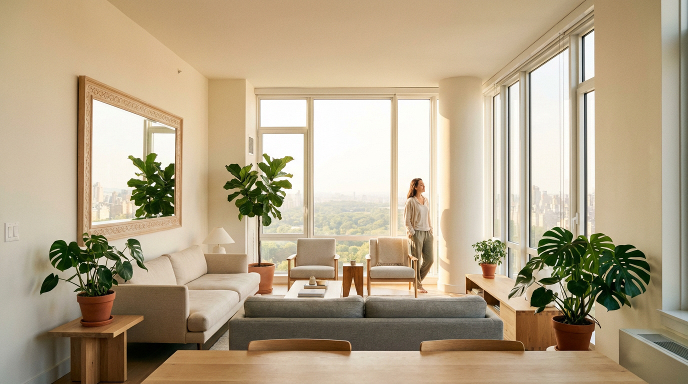 Salon moderne baigné de lumière naturelle, avec de grandes fenêtres offrant une vue sur la ville et un parc. Une femme contemple le paysage.