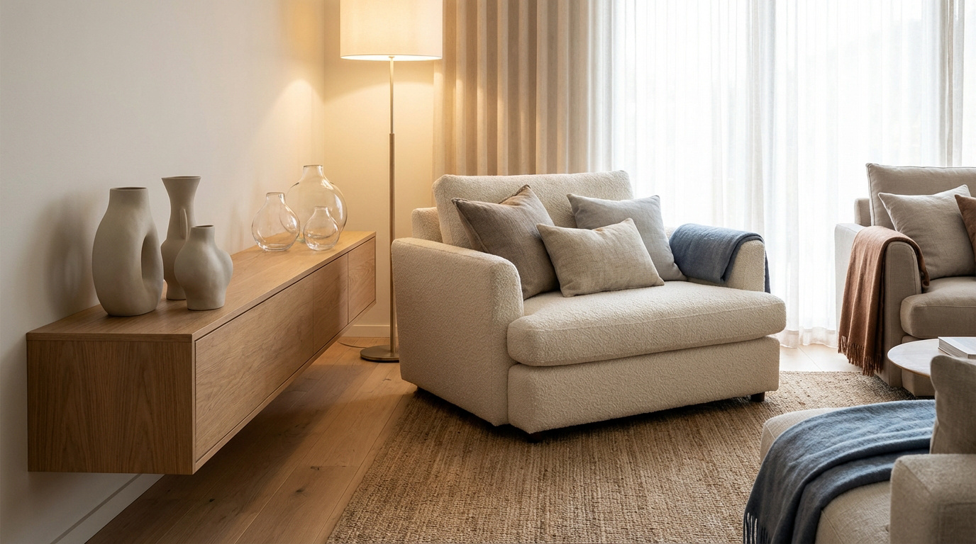 Salon moderne et lumineux aux tons neutres, avec fauteuil texturé, console en bois flottante, vases et plaid bleu. H&M Home.