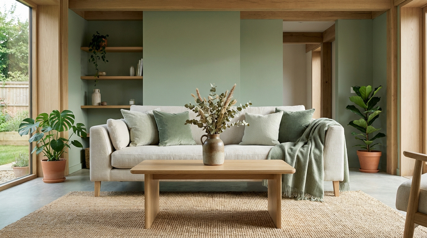 Grand salon lumineux aux murs vert sauge, canapé beige, table basse bois, plantes vertes et tapis en fibres naturelles.