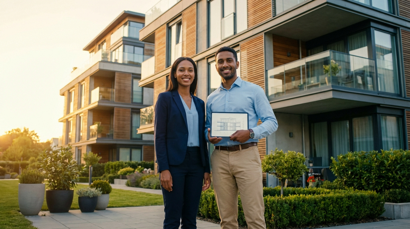 Deux agents immobiliers souriants devant un immeuble moderne. L'homme tient une tablette avec des plans architecturaux.