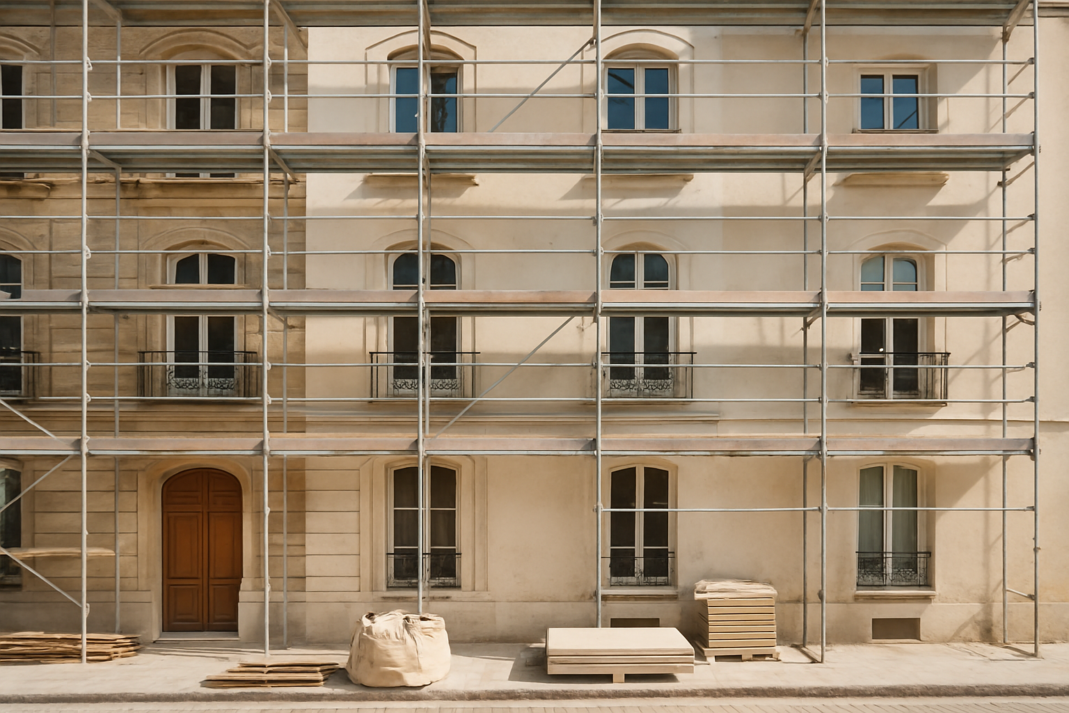 entreprise de rénovation travaillant sur la facade d'un immeuble résidentiel français