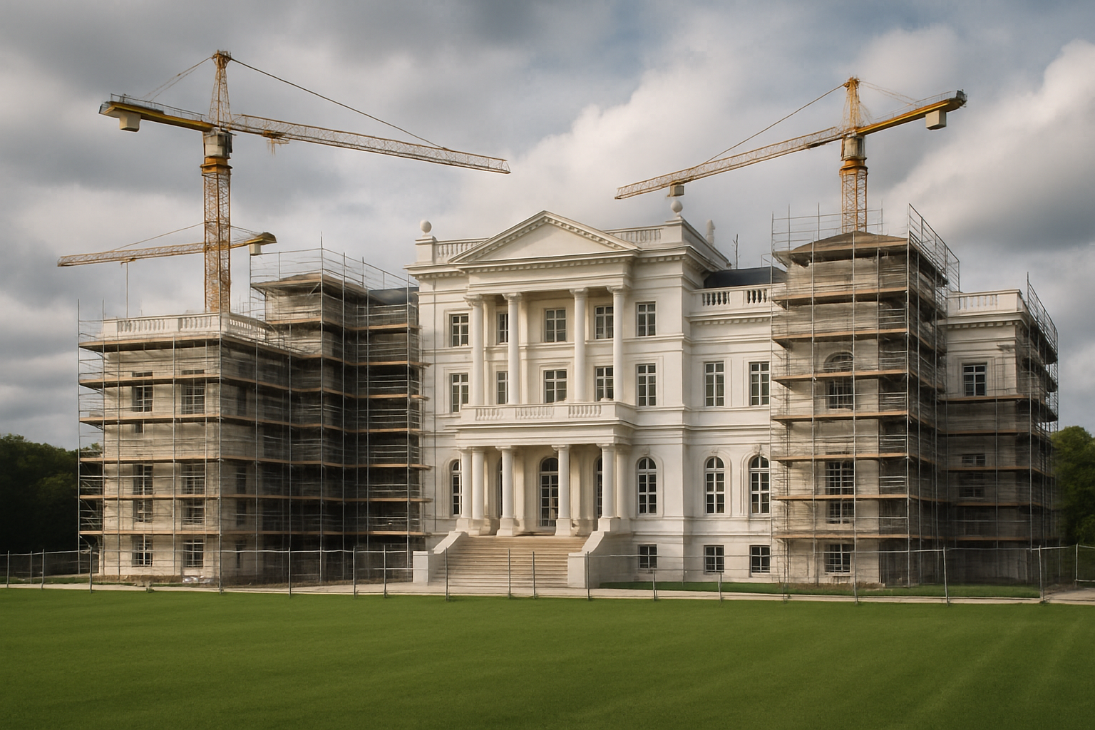 immobilier notaire travaux maison blanche - chantier de rénovation d'un bâtiment néoclassique blanc avec grues