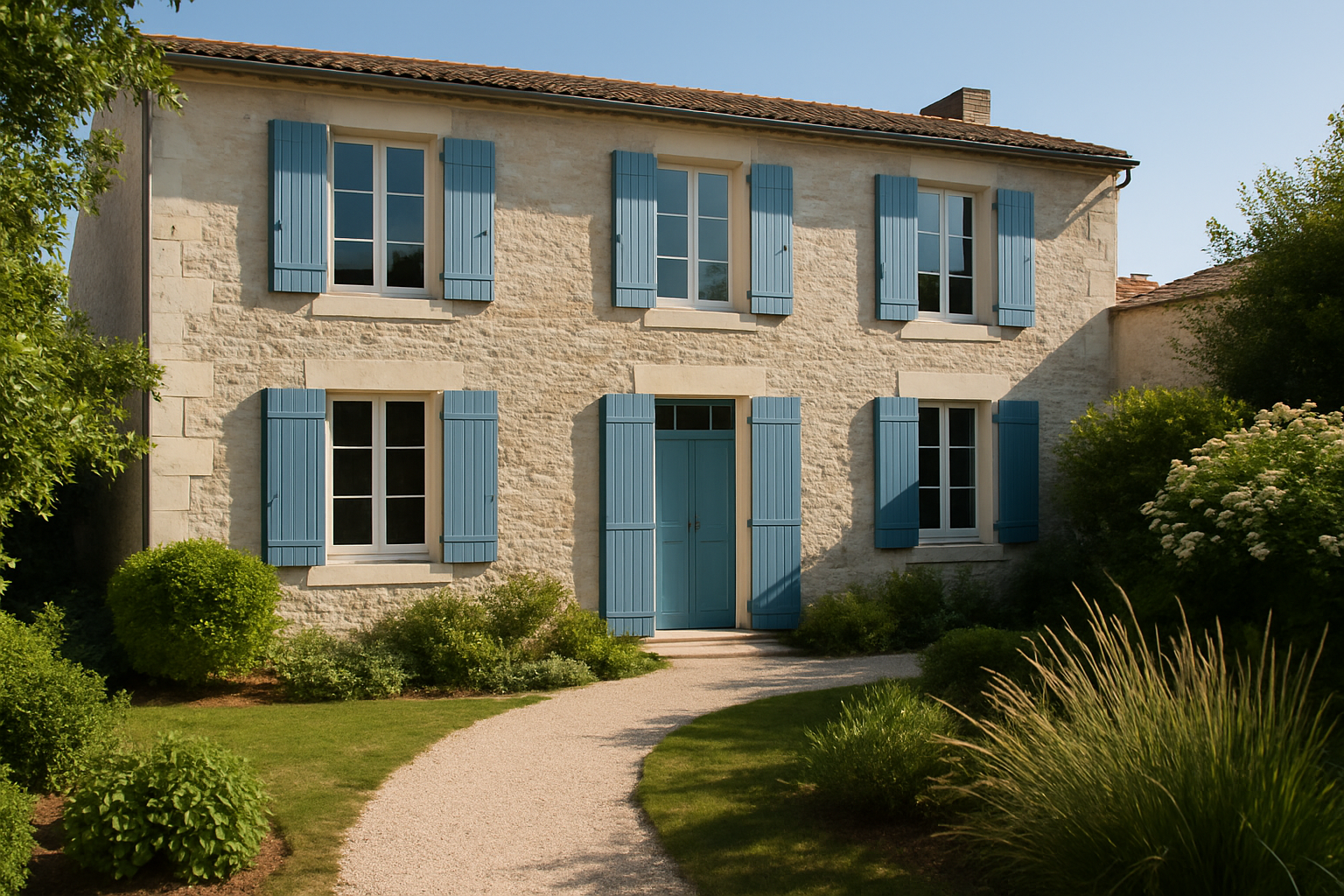 achat maison La Rochelle - façade en pierre avec volets bleus et jardin