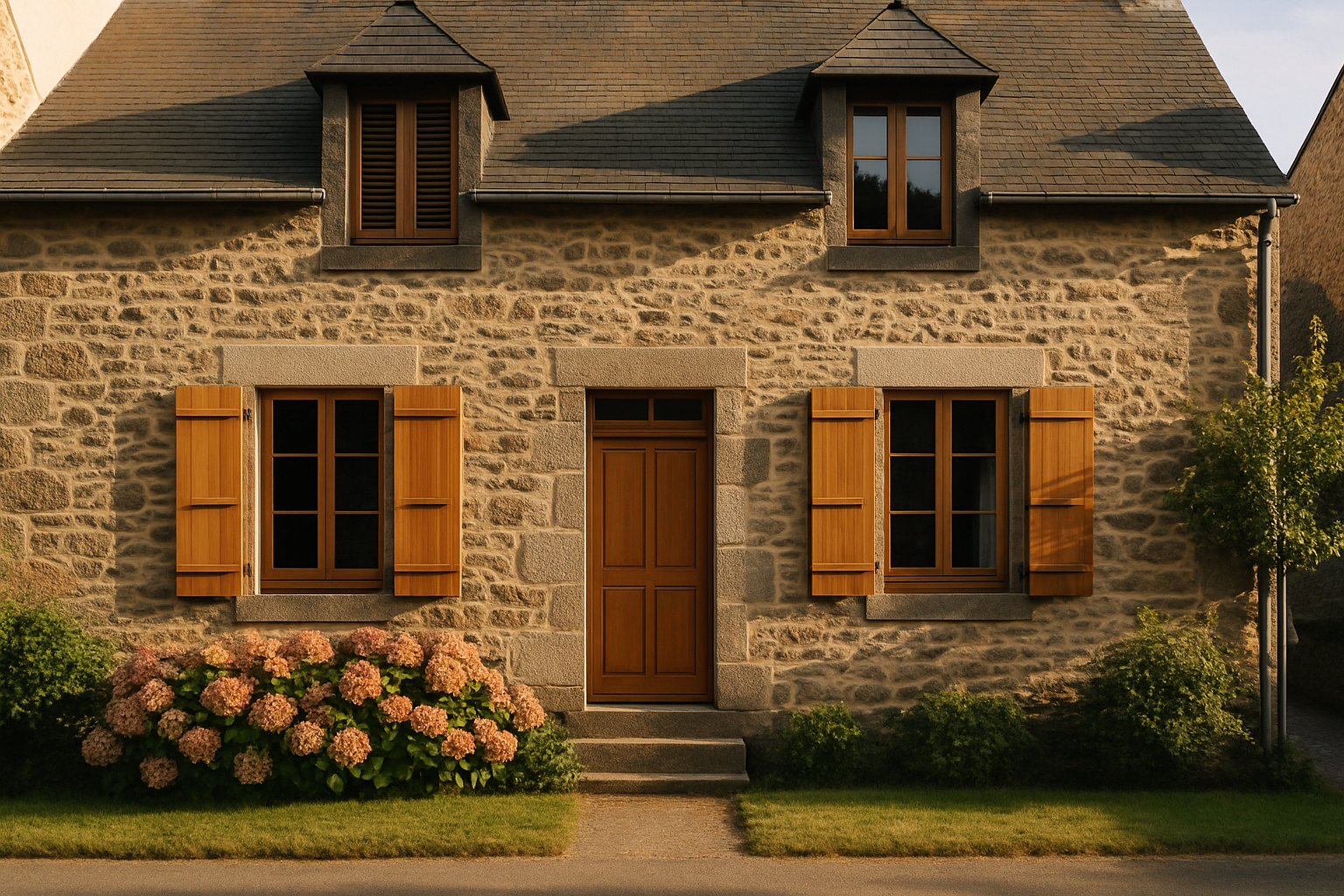 rénovation phare voiture achat maison Rennes - façade en pierre bretonne typique avec jardin
