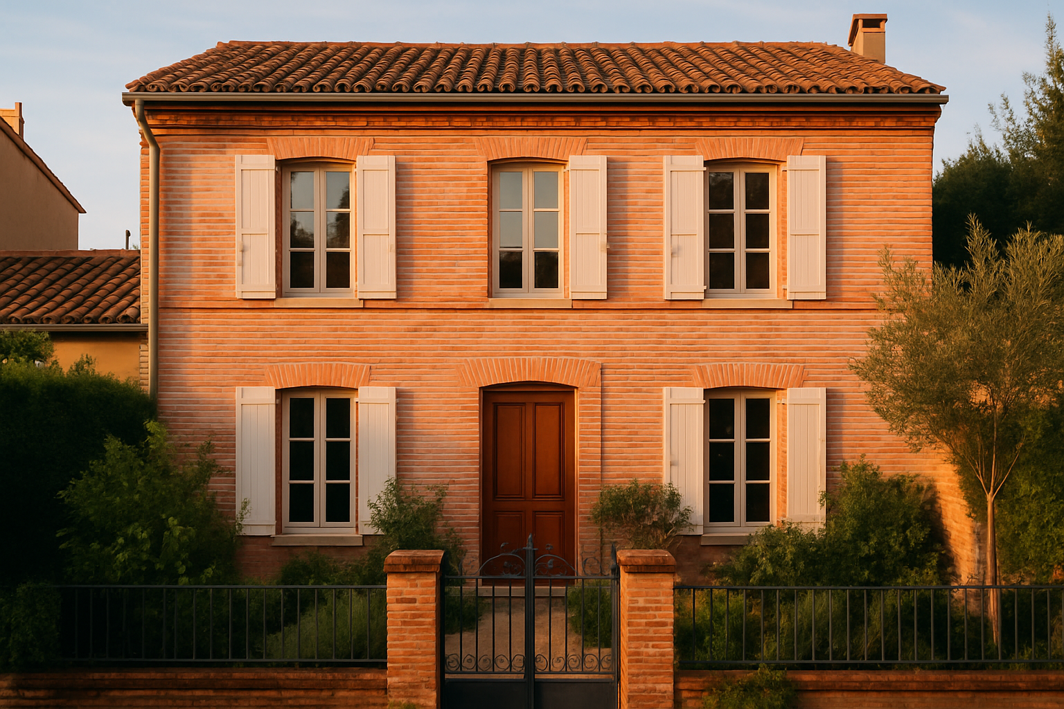 rénovation petite salle de bain achat maison Toulouse – façade en briques roses avec jardin