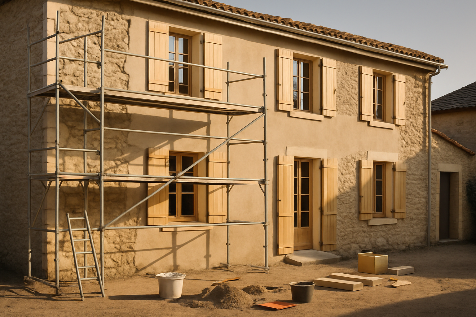 entreprise travaux maison - façade d'une maison française en rénovation avec échafaudage