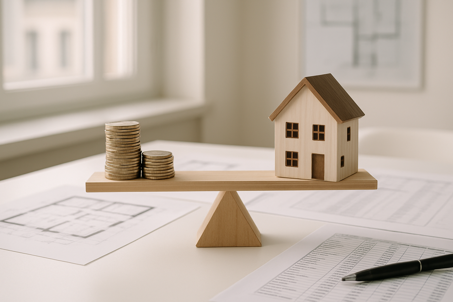 la foret immobilier formation investissement immobilier - balance avec maison et euros symbolisant la rentabilité
