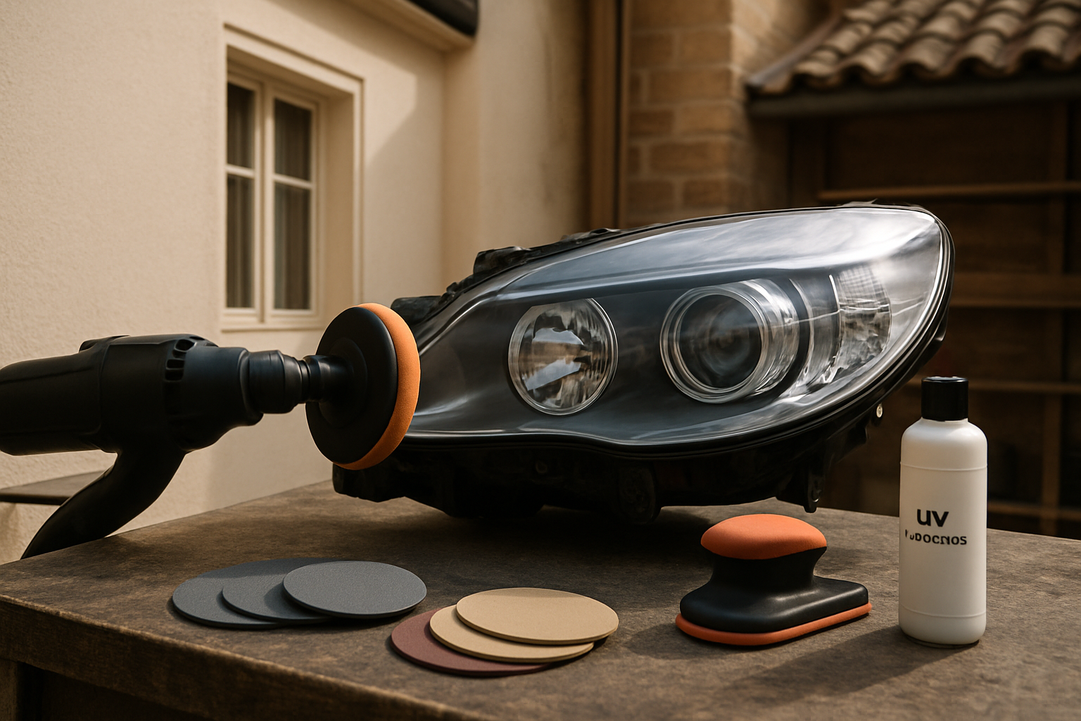 kit rénovation phare professionnel avec disques abrasifs et vernis UV