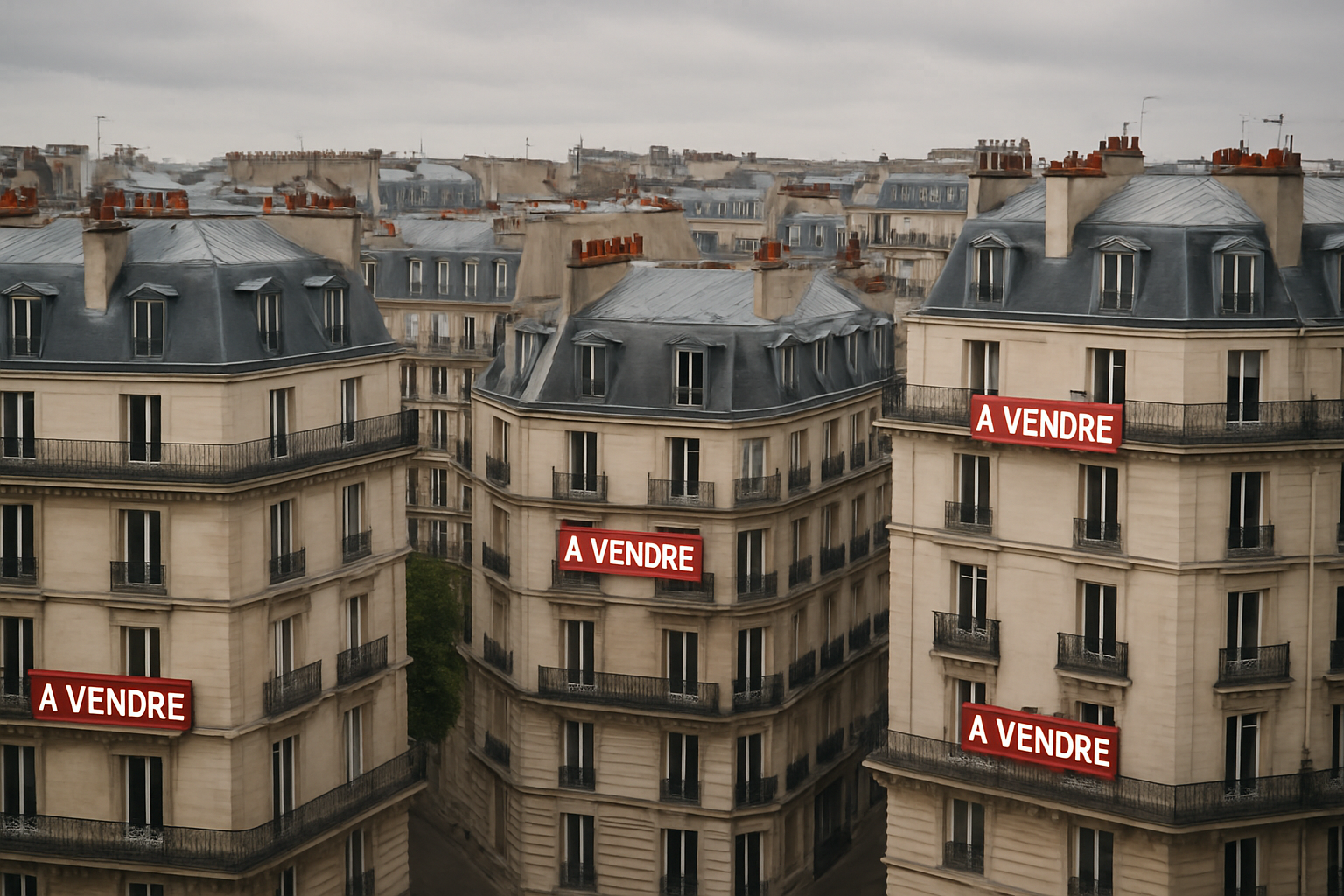 krach immobilier - vue aérienne d'immeubles parisiens avec panneaux à vendre