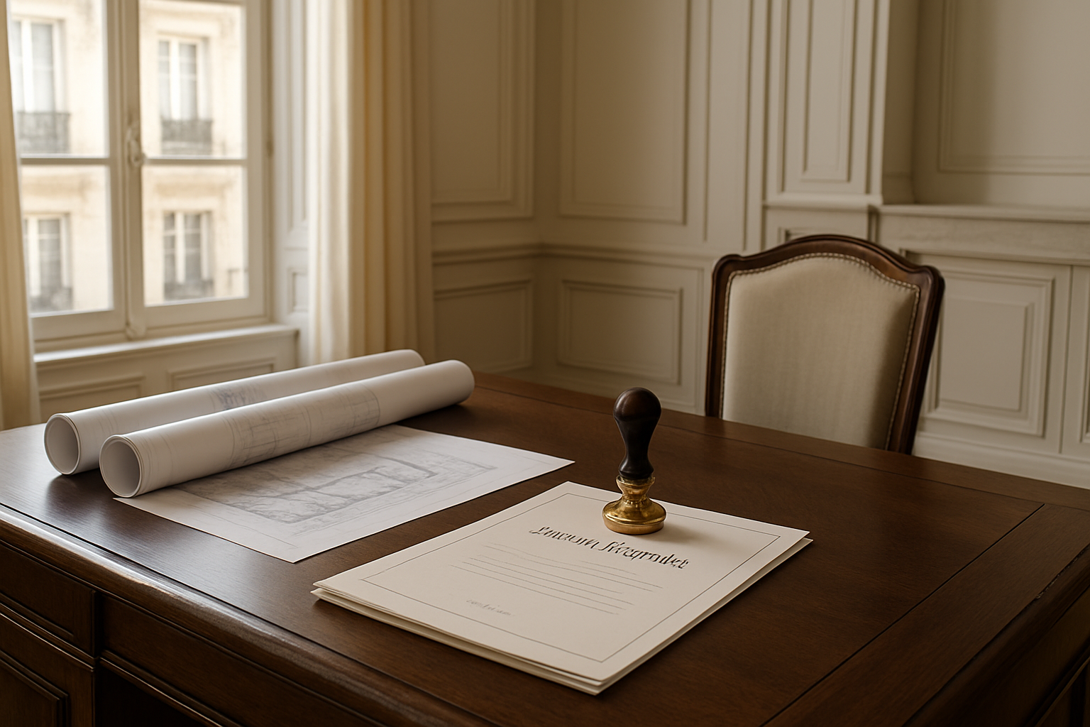 notaire immobilier — bureau avec actes notariés et sceau officiel