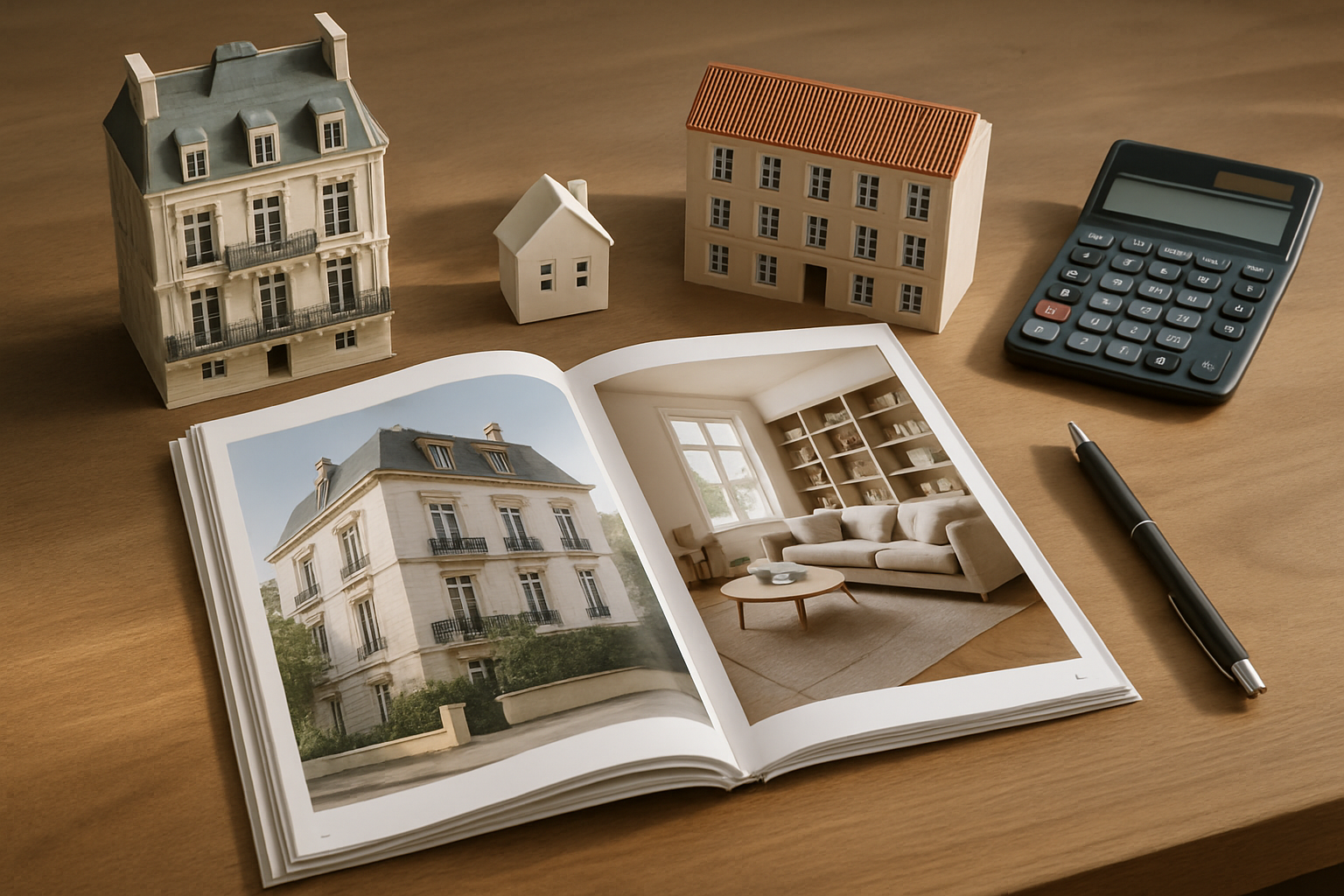 oh magazine immobilier ouvert sur un bureau avec des maquettes immobilières françaises