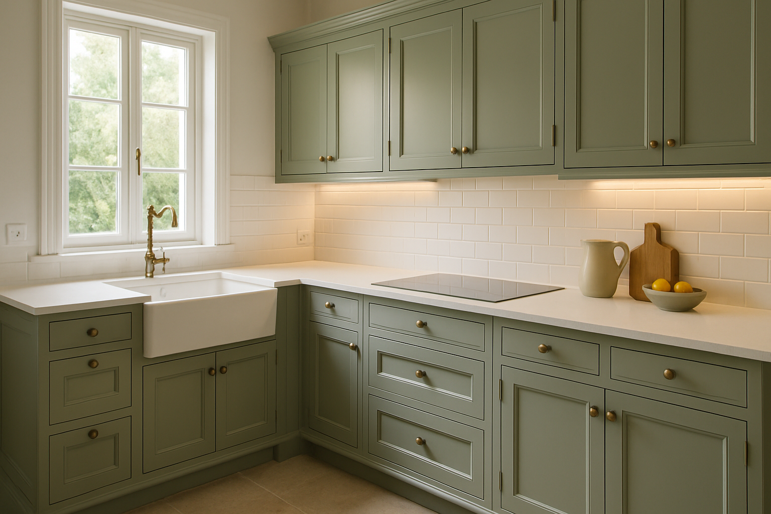 rénovation cuisine ancienne avec façades repeintes en vert sauge et plan de travail en quartz