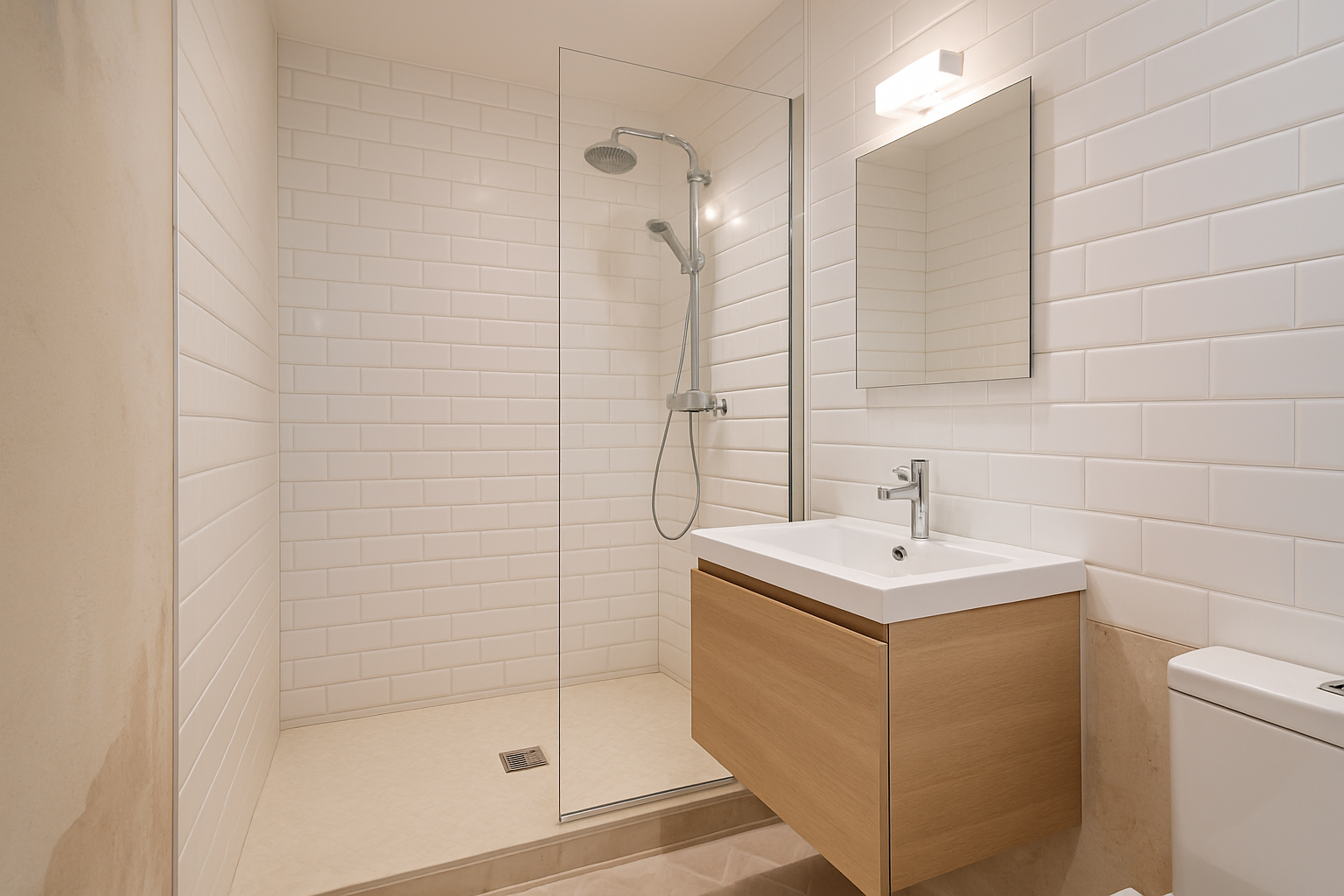 rénovation petite salle de bain avec douche à l'italienne et meuble vasque suspendu