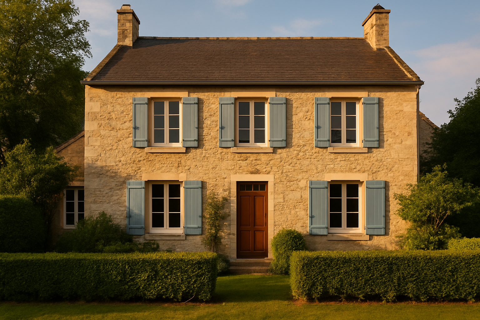achat maison Caen - façade en pierre normande avec jardin et volets bleus