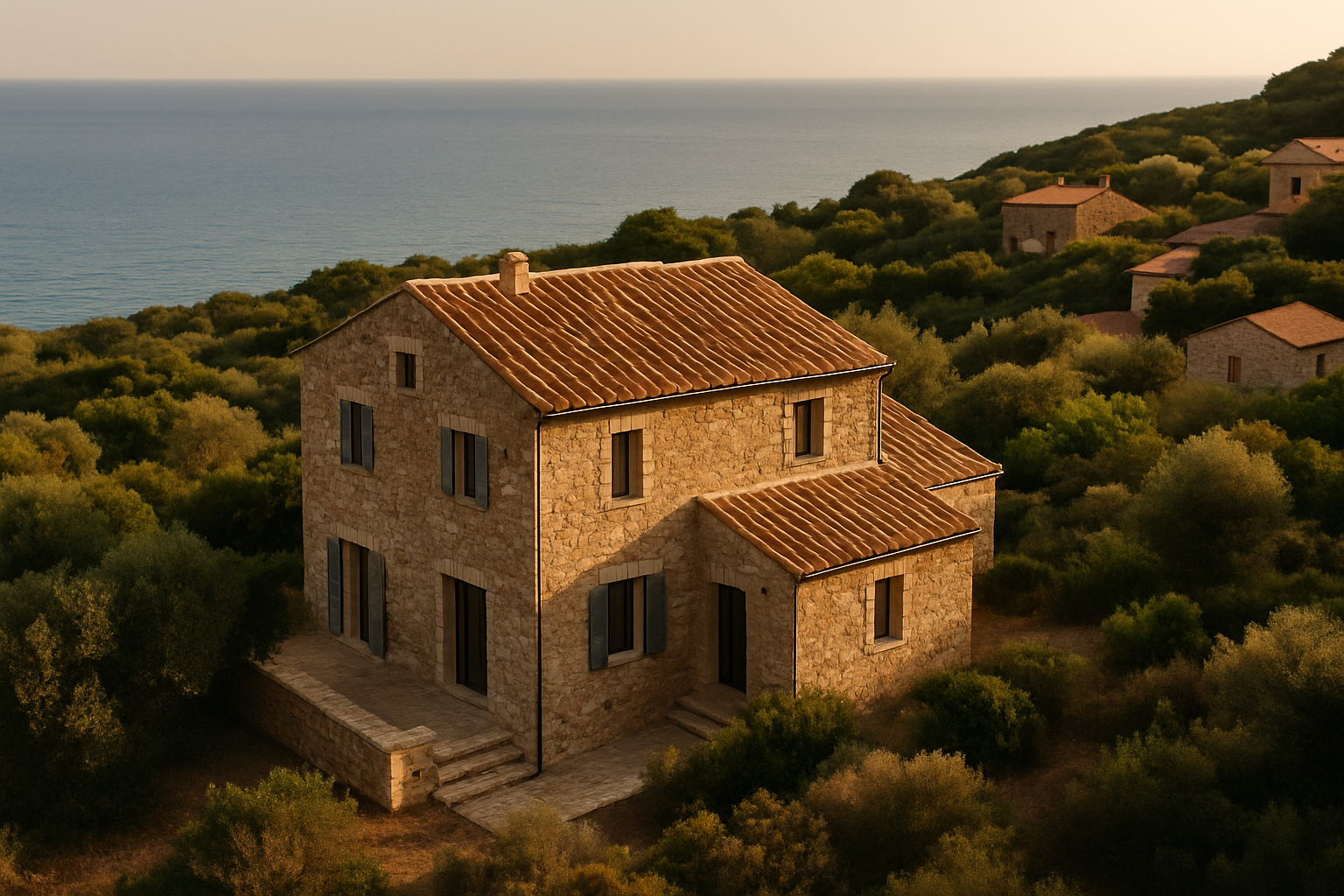 achat maison Corse - vue aérienne d'une maison en pierre traditionnelle corse avec vue mer