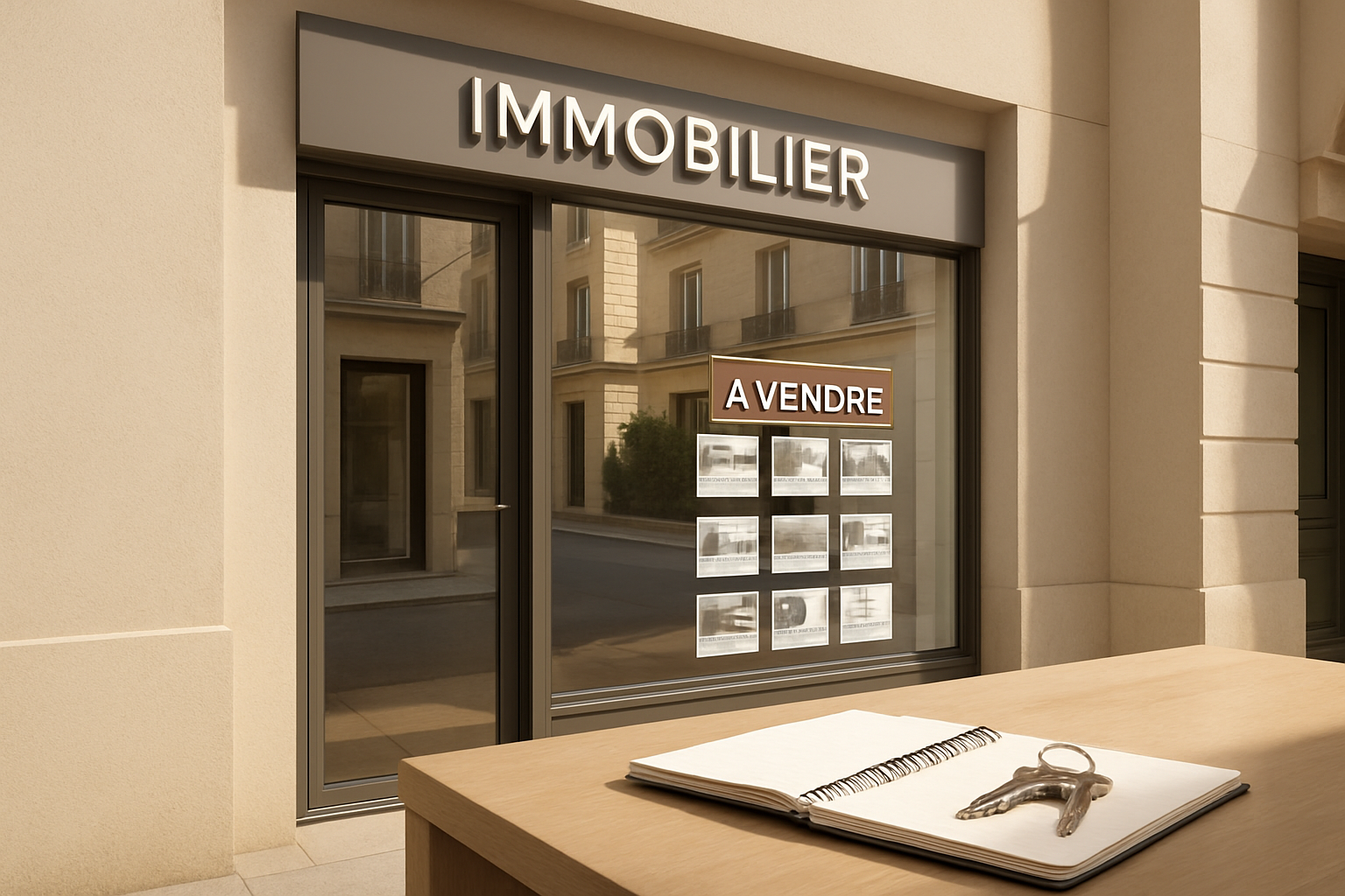apporteur d'affaires immobilier - bureau d'agence avec clés et documents de vente