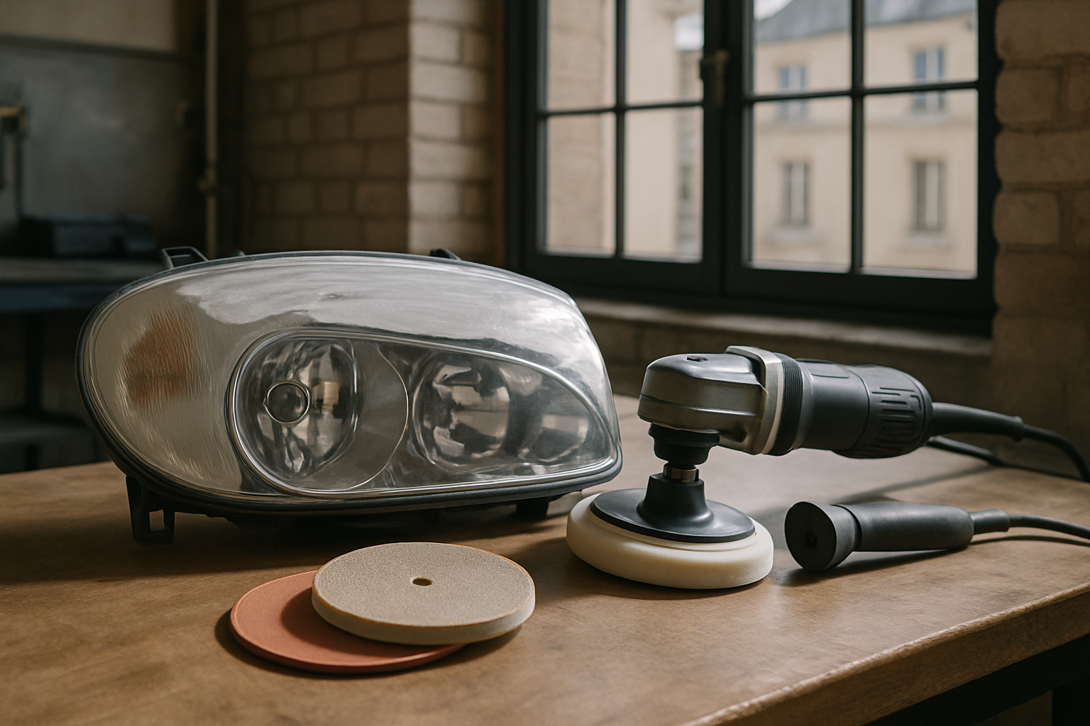 kit rénovation phare avec disques de polissage et produit de protection sur établi d'atelier