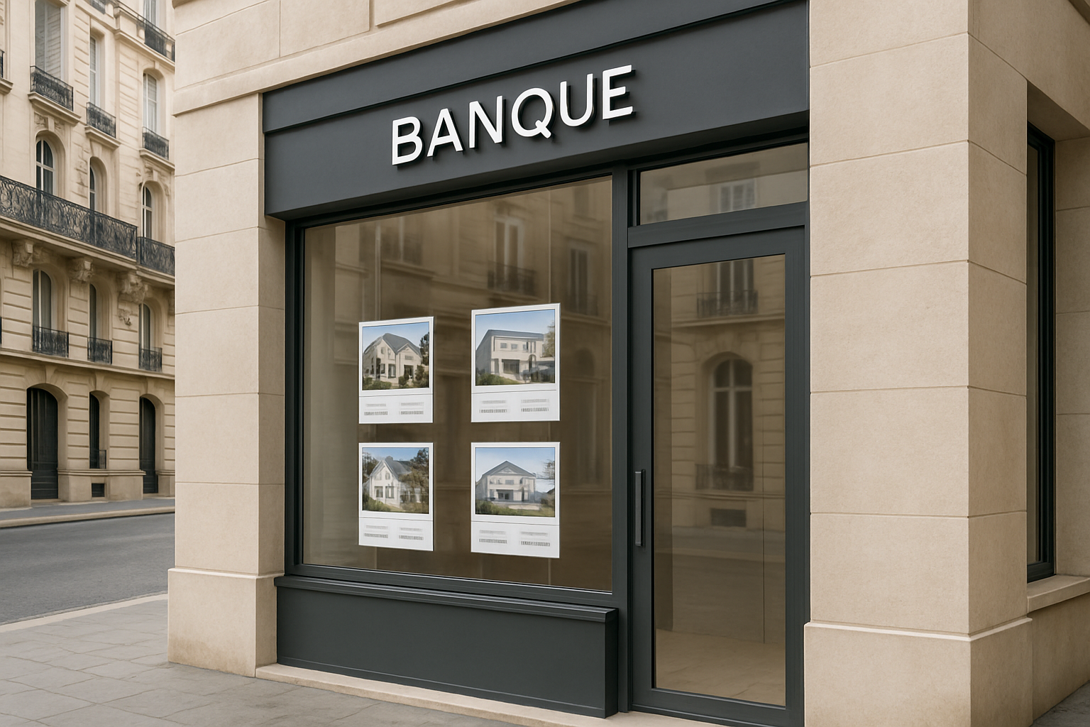 LCL crédit immobilier — façade d'agence bancaire française avec offres de prêt immobilier