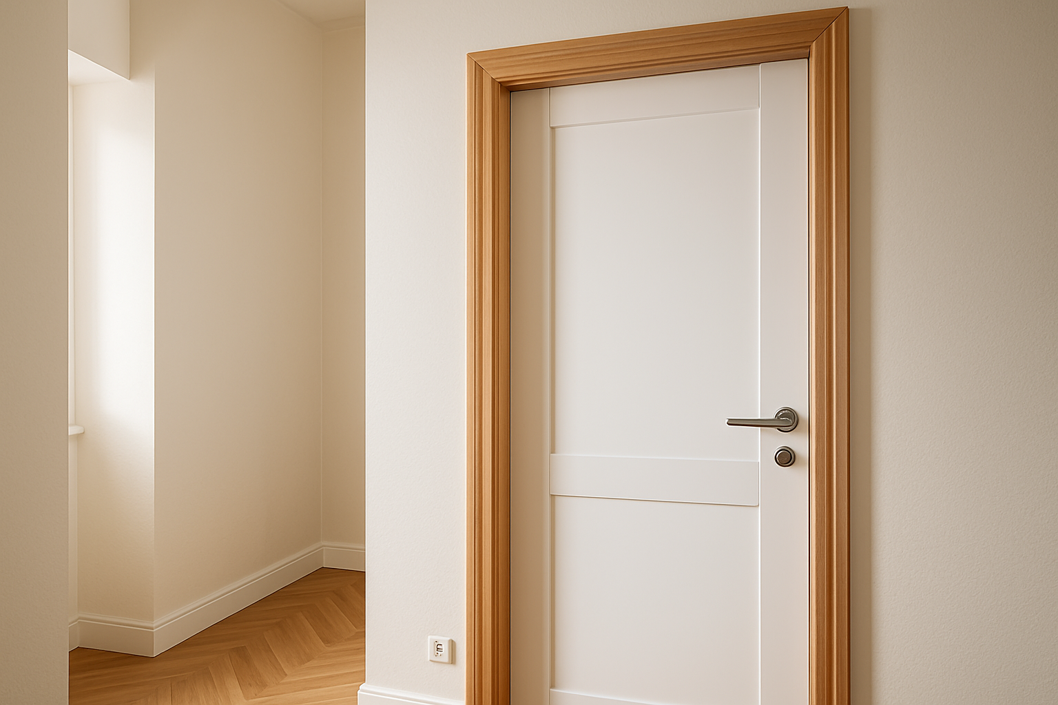 porte rénovation sur bâti existant avec cadre et couvre-joints visibles dans un couloir intérieur