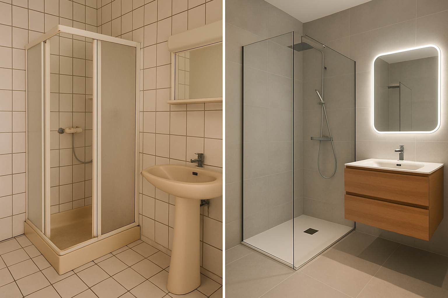 rénovation salle de bain avant après avec douche à l'italienne et carrelage clair