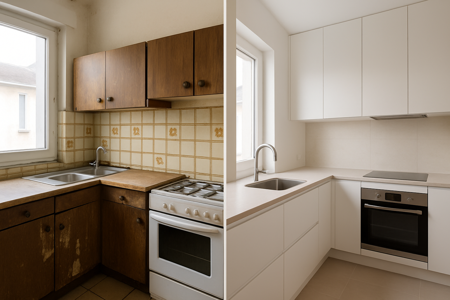 rénovation vieille cuisine avec façades usées et plan de travail rayé avant travaux