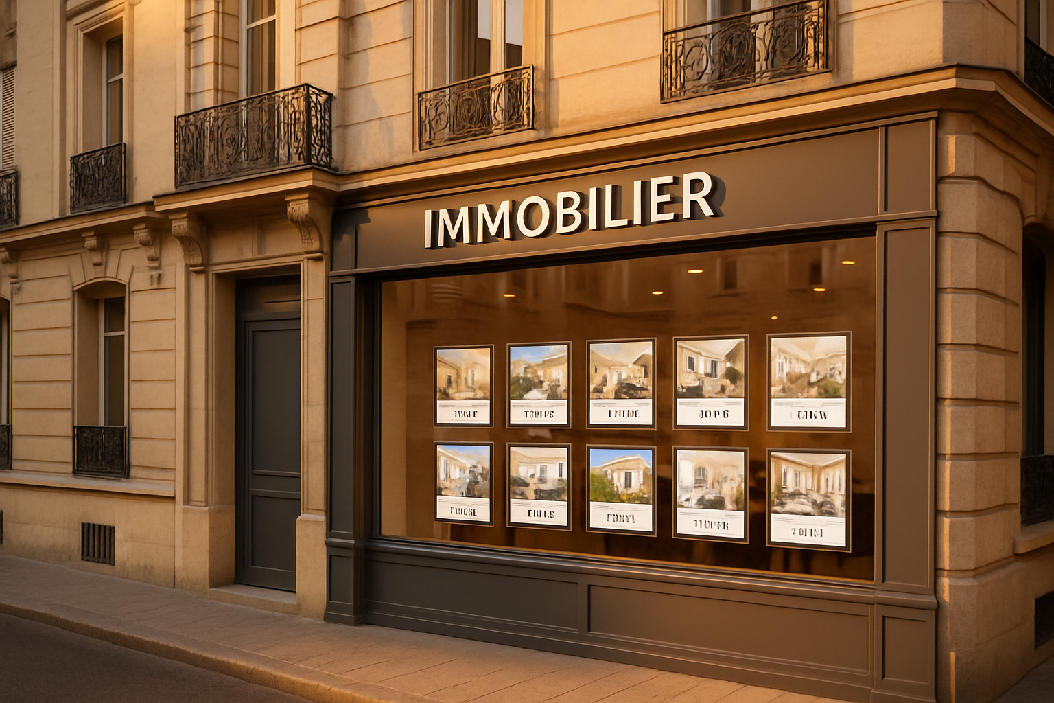 Salaire agent immobilier - devanture d'agence immobilière française avec annonces en vitrine